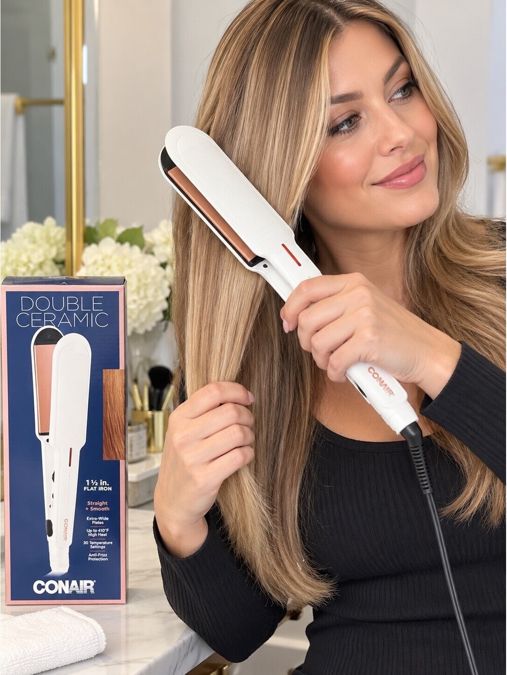 Conair CS922 Double Ceramic Flat Iron 1 1/2in White 410Β°F 30 Heat Settings